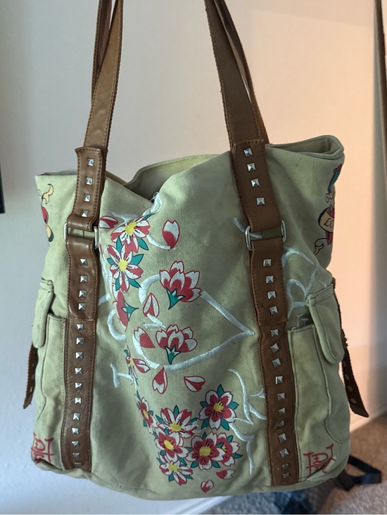 Ed Hardy Handbags - Ed Hardy Floral Embroidered Canvas Tote in Light Green with Brown Straps